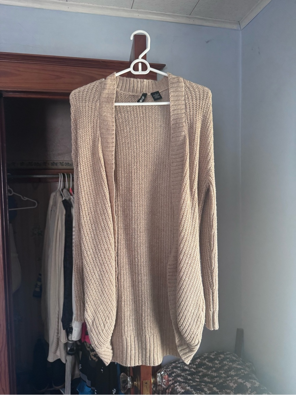 Ultra Flirt Open-Front Beige Knit Cardigan